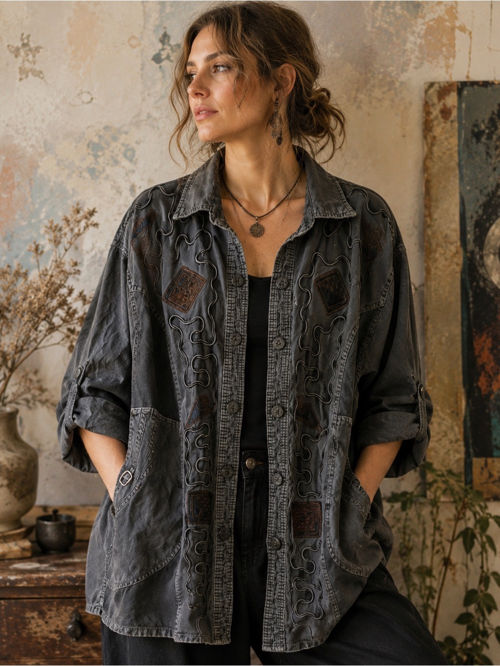 Vintage Artsy Wearable Art Patchwork Utility Jacket Boho Lagenlook Oversized